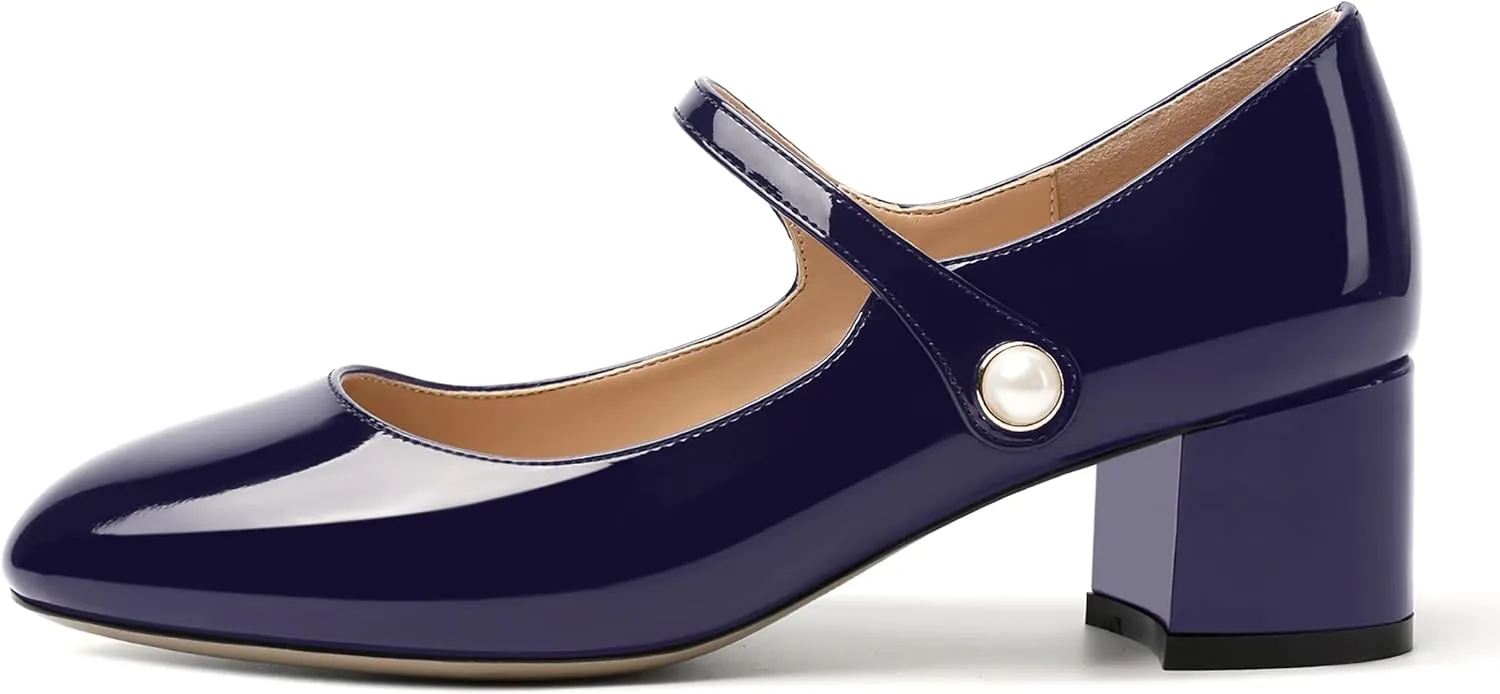 ROSERWISH Womens Strap Patent Ankle Strap Uniform Cute Round Toe Chunky Low Heel Pumps Shoes 2 Inch