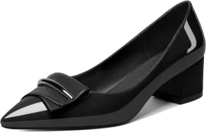 SAMMITOP Women's Block Heel Chunky Pumps Low Heels Pointed Toe Heel Slip on Closed Toe Pumps for Work Casual Daily Life Party Dress Loafers Shoes with Metal Buckle