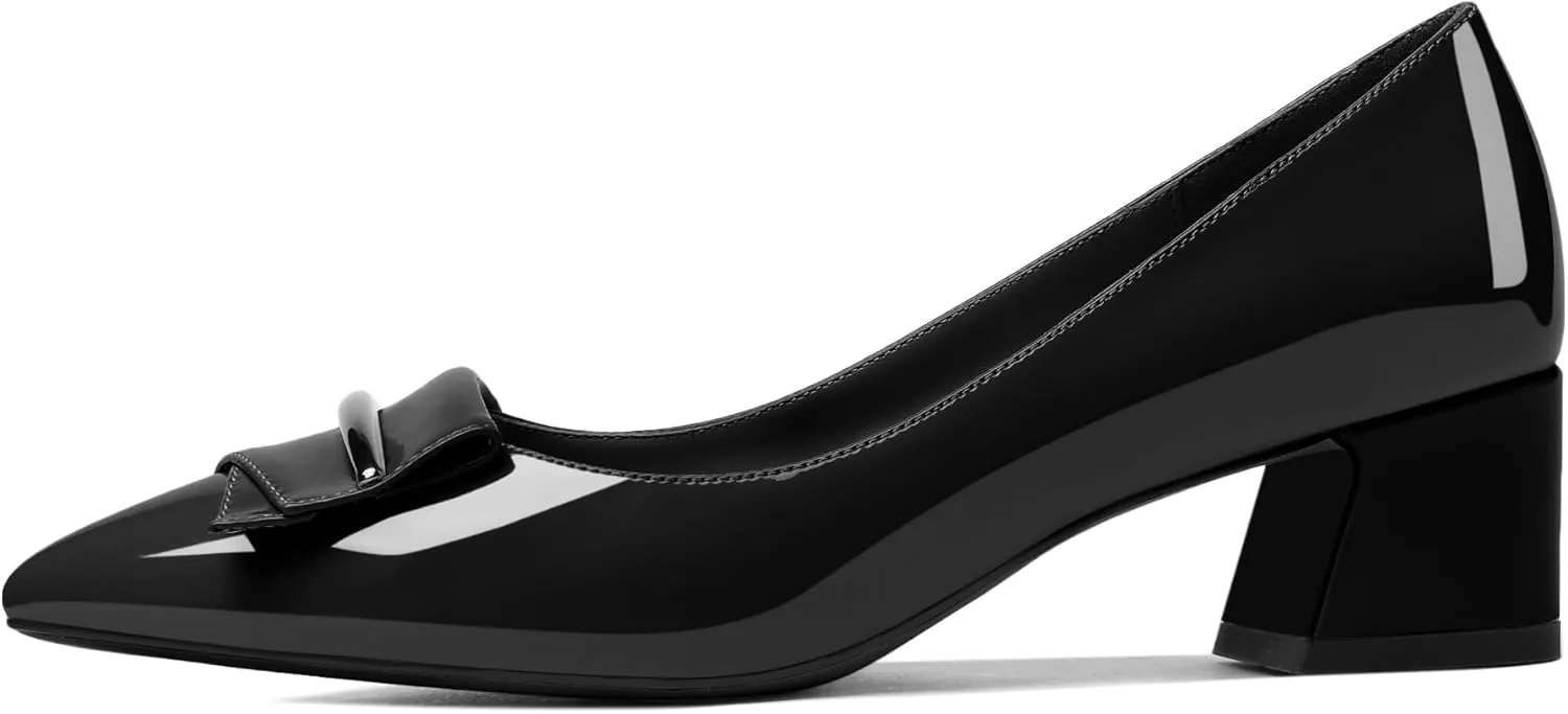 SAMMITOP Women's Block Heel Chunky Pumps Low Heels Pointed Toe Heel Slip on Closed Toe Pumps for Work Casual Daily Life Party Dress Loafers Shoes with Metal Buckle
