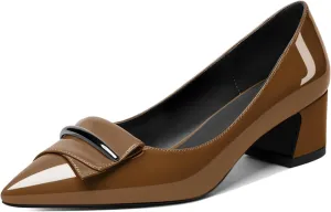SAMMITOP Women's Block Heel Chunky Pumps Low Heels Pointed Toe Heel Slip on Closed Toe Pumps for Work Casual Daily Life Party Dress Loafers Shoes with Metal Buckle