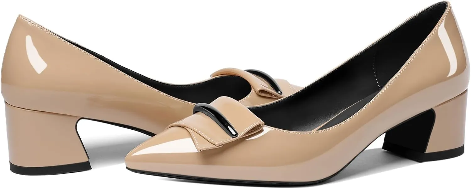 SAMMITOP Women's Block Heel Chunky Pumps Low Heels Pointed Toe Heel Slip on Closed Toe Pumps for Work Casual Daily Life Party Dress Loafers Shoes with Metal Buckle