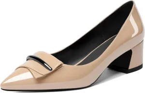 SAMMITOP Women's Block Heel Chunky Pumps Low Heels Pointed Toe Heel Slip on Closed Toe Pumps for Work Casual Daily Life Party Dress Loafers Shoes with Metal Buckle