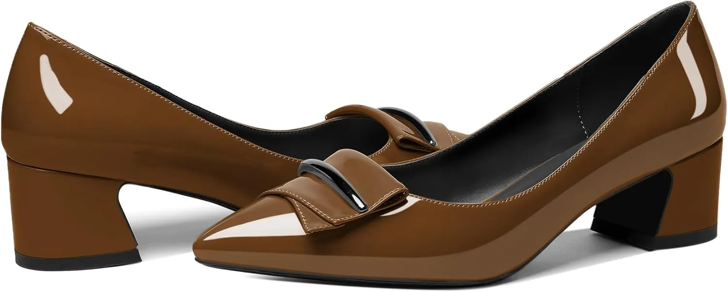 SAMMITOP Women's Block Heel Chunky Pumps Low Heels Pointed Toe Heel Slip on Closed Toe Pumps for Work Casual Daily Life Party Dress Loafers Shoes with Metal Buckle