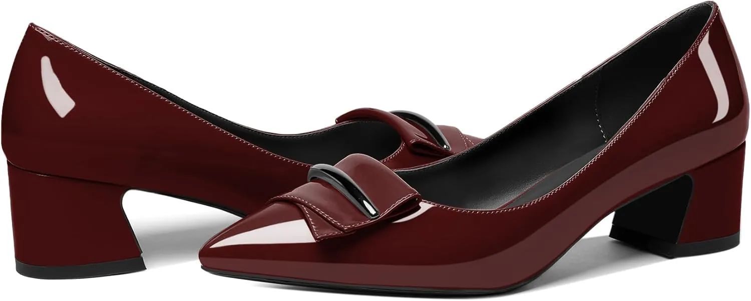 SAMMITOP Women's Block Heel Chunky Pumps Low Heels Pointed Toe Heel Slip on Closed Toe Pumps for Work Casual Daily Life Party Dress Loafers Shoes with Metal Buckle