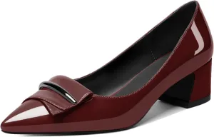 SAMMITOP Women's Block Heel Chunky Pumps Low Heels Pointed Toe Heel Slip on Closed Toe Pumps for Work Casual Daily Life Party Dress Loafers Shoes with Metal Buckle