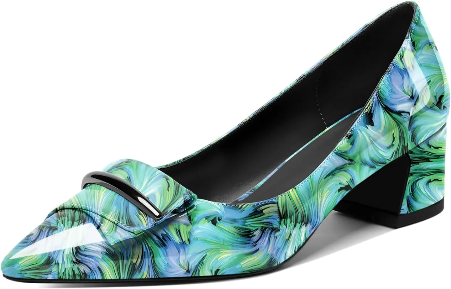 SAMMITOP Women's Block Heel Chunky Pumps Low Heels Pointed Toe Heel Slip on Closed Toe Pumps for Work Casual Daily Life Party Dress Loafers Shoes with Metal Buckle