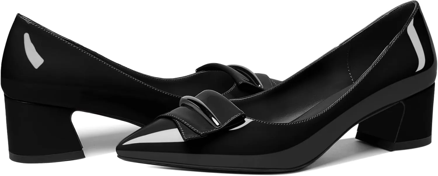 SAMMITOP Women's Block Heel Chunky Pumps Low Heels Pointed Toe Heel Slip on Closed Toe Pumps for Work Casual Daily Life Party Dress Loafers Shoes with Metal Buckle