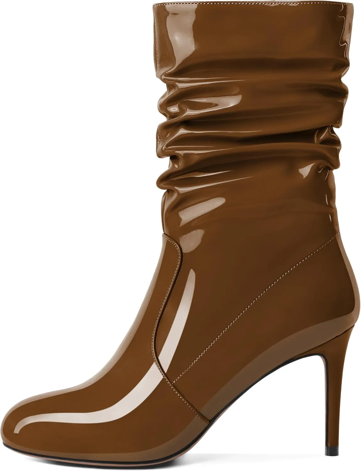 SAMMITOP Women's High Heel Mid Calf Boots Wrinkled Slouchy Zipper Wide Calf Boots Pointed Toe Pull On Fall Winter Stiletto Heel Boots