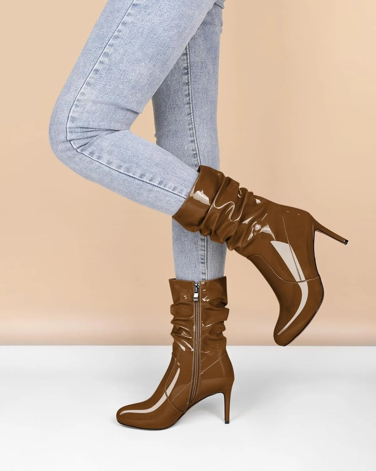 SAMMITOP Women's High Heel Mid Calf Boots Wrinkled Slouchy Zipper Wide Calf Boots Pointed Toe Pull On Fall Winter Stiletto Heel Boots
