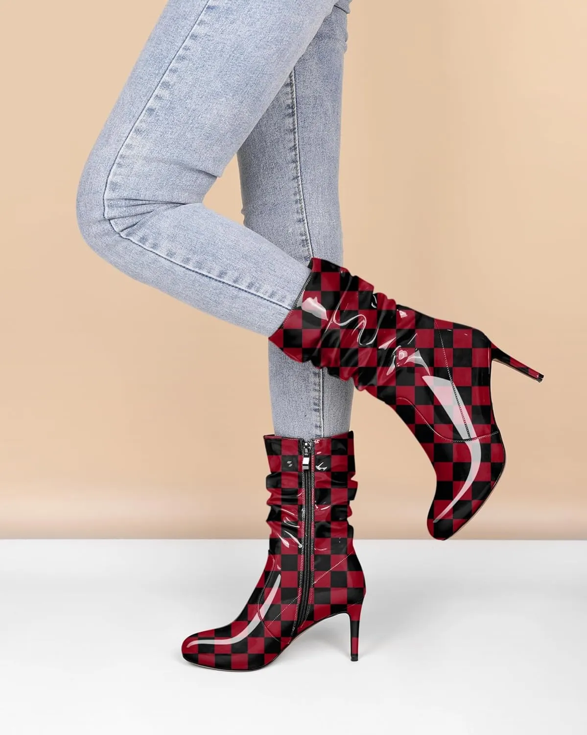 SAMMITOP Women's High Heel Mid Calf Boots Wrinkled Slouchy Zipper Wide Calf Boots Pointed Toe Pull On Fall Winter Stiletto Heel Boots