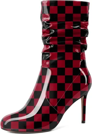 SAMMITOP Women's High Heel Mid Calf Boots Wrinkled Slouchy Zipper Wide Calf Boots Pointed Toe Pull On Fall Winter Stiletto Heel Boots