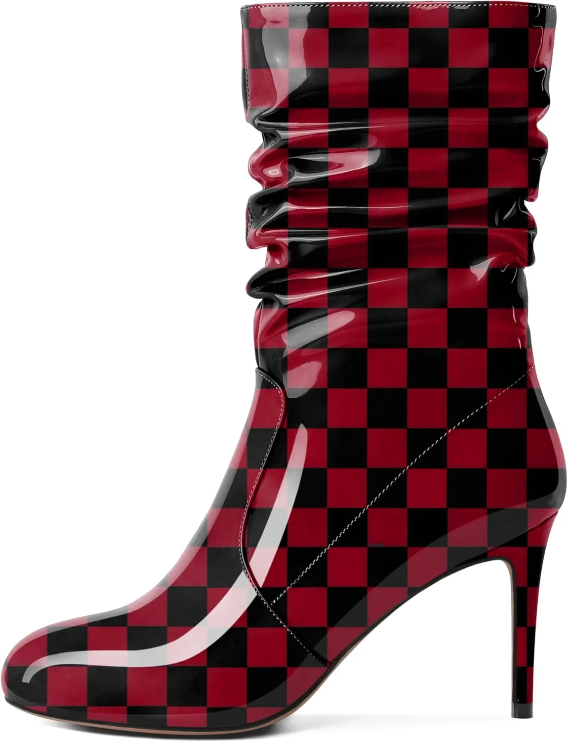 SAMMITOP Women's High Heel Mid Calf Boots Wrinkled Slouchy Zipper Wide Calf Boots Pointed Toe Pull On Fall Winter Stiletto Heel Boots