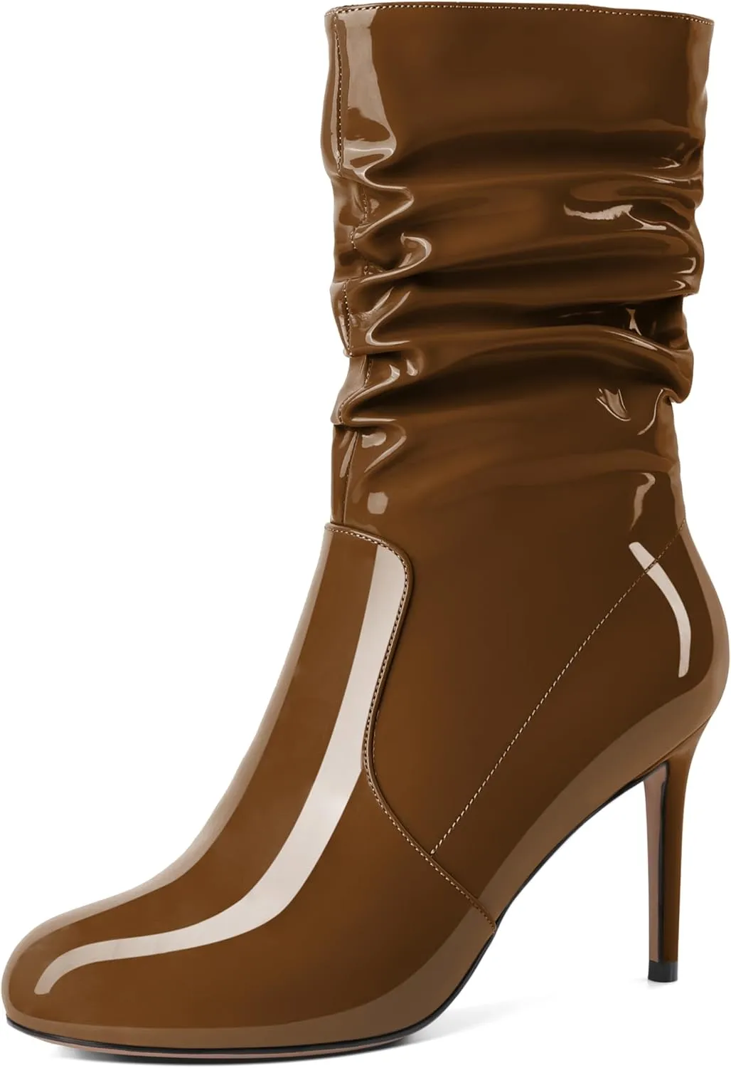SAMMITOP Women's High Heel Mid Calf Boots Wrinkled Slouchy Zipper Wide Calf Boots Pointed Toe Pull On Fall Winter Stiletto Heel Boots