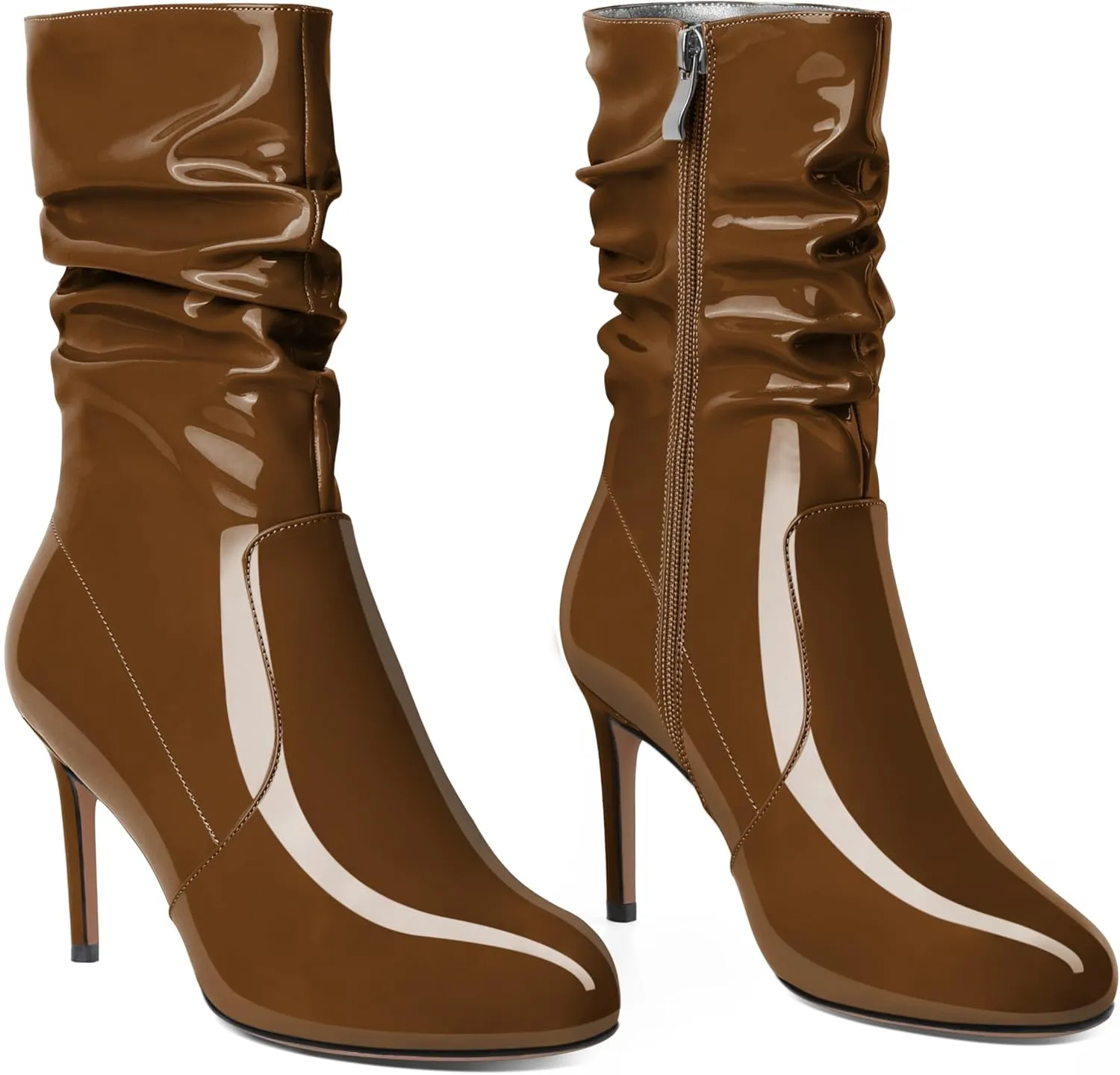 SAMMITOP Women's High Heel Mid Calf Boots Wrinkled Slouchy Zipper Wide Calf Boots Pointed Toe Pull On Fall Winter Stiletto Heel Boots