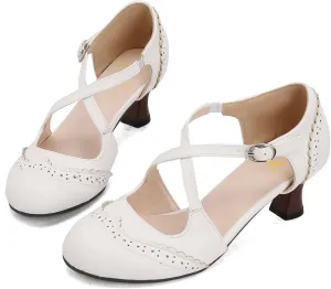 SHODENSE Women Kitten Heels Mary Jane Oxford Shoes Round Closed Toe Ankle Strap Dress Sandals Cutout Mid Block Heel Mary Jane Pumps Matte Criss-Cross Strappy Pumps Office Ladies Work Party 4-17 M US