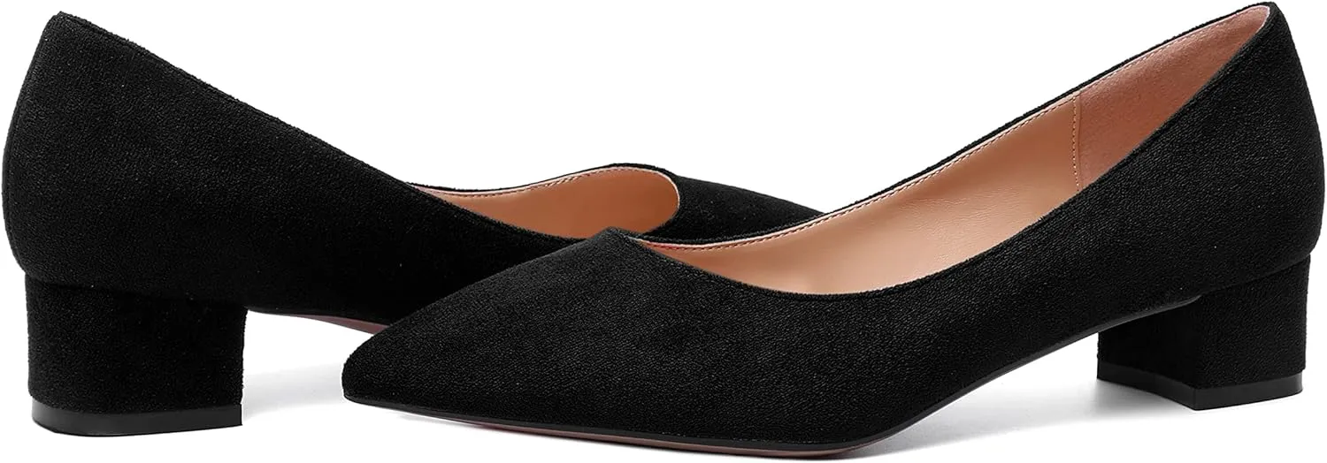 SHOWFOREST Womens Business Slip On Formal Suede Pointed Toe Solid Thick Chunky Low Heel Pumps Shoes 1.5 Inch