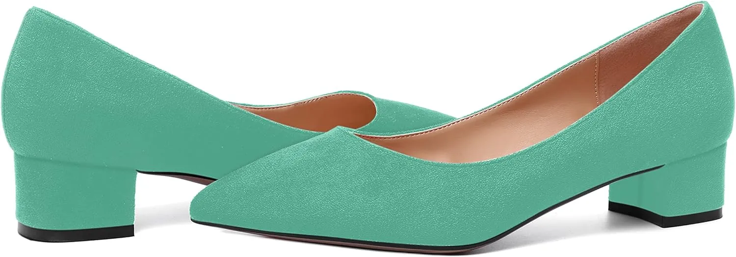 SHOWFOREST Womens Business Slip On Formal Suede Pointed Toe Solid Thick Chunky Low Heel Pumps Shoes 1.5 Inch