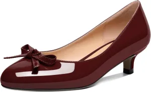 Soireelady Women Low Kitten Heels Round Toe Slip On Pumps Comfort Pumps Cute Bow Heels 1.5 Inch Patent Leather Dress Shoes