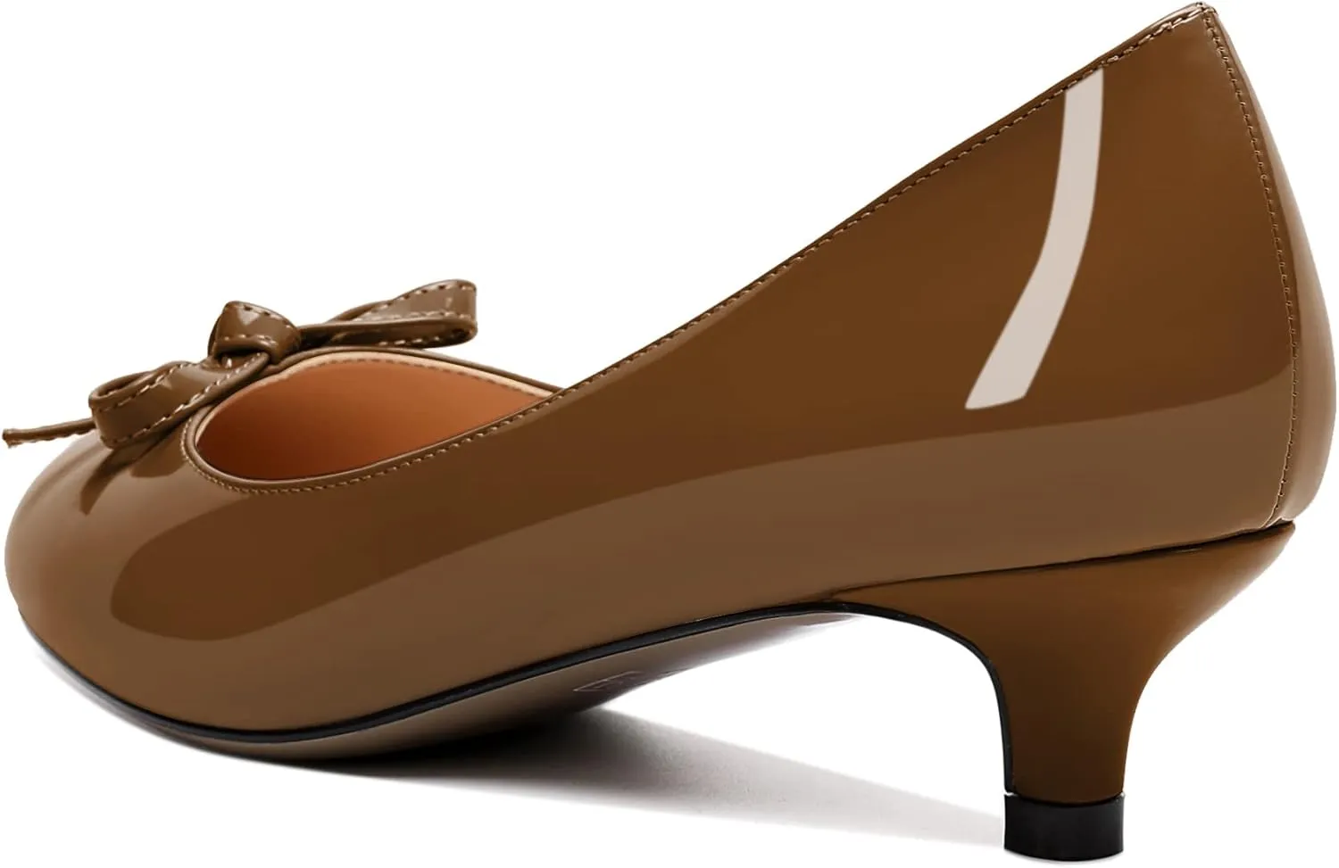 Soireelady Women Low Kitten Heels Round Toe Slip On Pumps Comfort Pumps Cute Bow Heels 1.5 Inch Patent Leather Dress Shoes