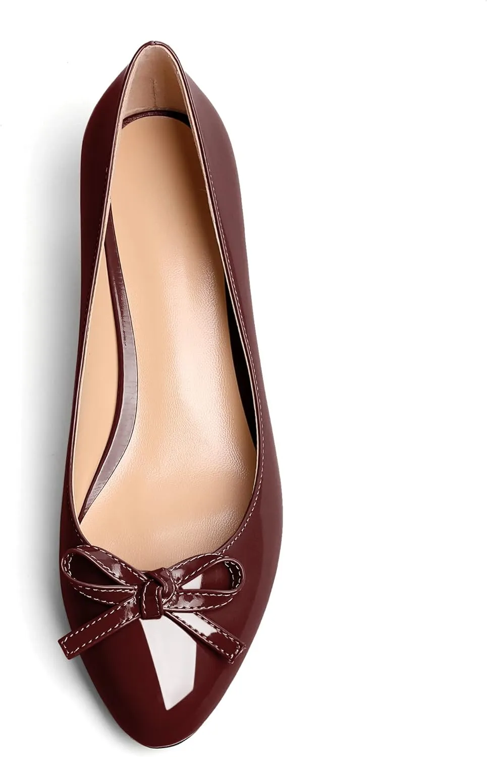 Soireelady Women Low Kitten Heels Round Toe Slip On Pumps Comfort Pumps Cute Bow Heels 1.5 Inch Patent Leather Dress Shoes