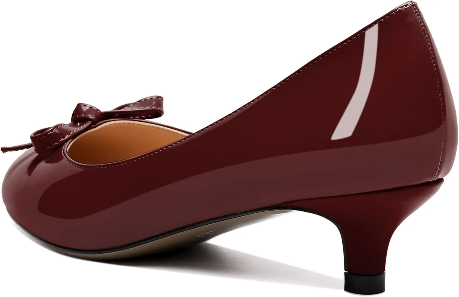 Soireelady Women Low Kitten Heels Round Toe Slip On Pumps Comfort Pumps Cute Bow Heels 1.5 Inch Patent Leather Dress Shoes