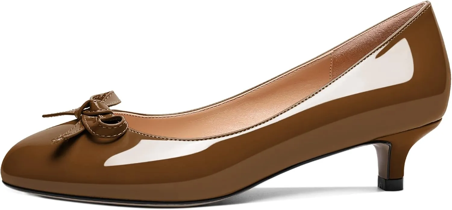 Soireelady Women Low Kitten Heels Round Toe Slip On Pumps Comfort Pumps Cute Bow Heels 1.5 Inch Patent Leather Dress Shoes