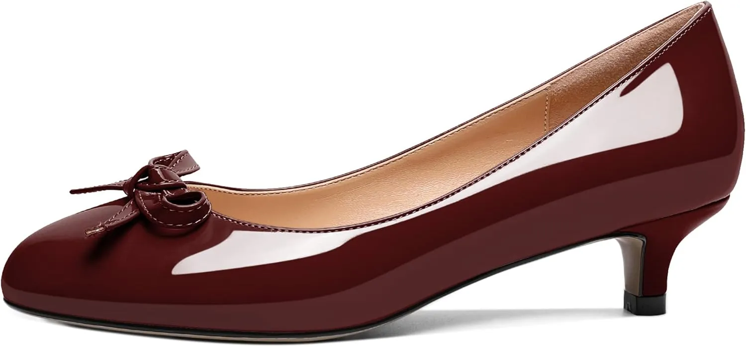 Soireelady Women Low Kitten Heels Round Toe Slip On Pumps Comfort Pumps Cute Bow Heels 1.5 Inch Patent Leather Dress Shoes