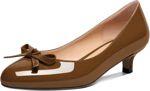 Soireelady Women Low Kitten Heels Round Toe Slip On Pumps Comfort Pumps Cute Bow Heels 1.5 Inch Patent Leather Dress Shoes
