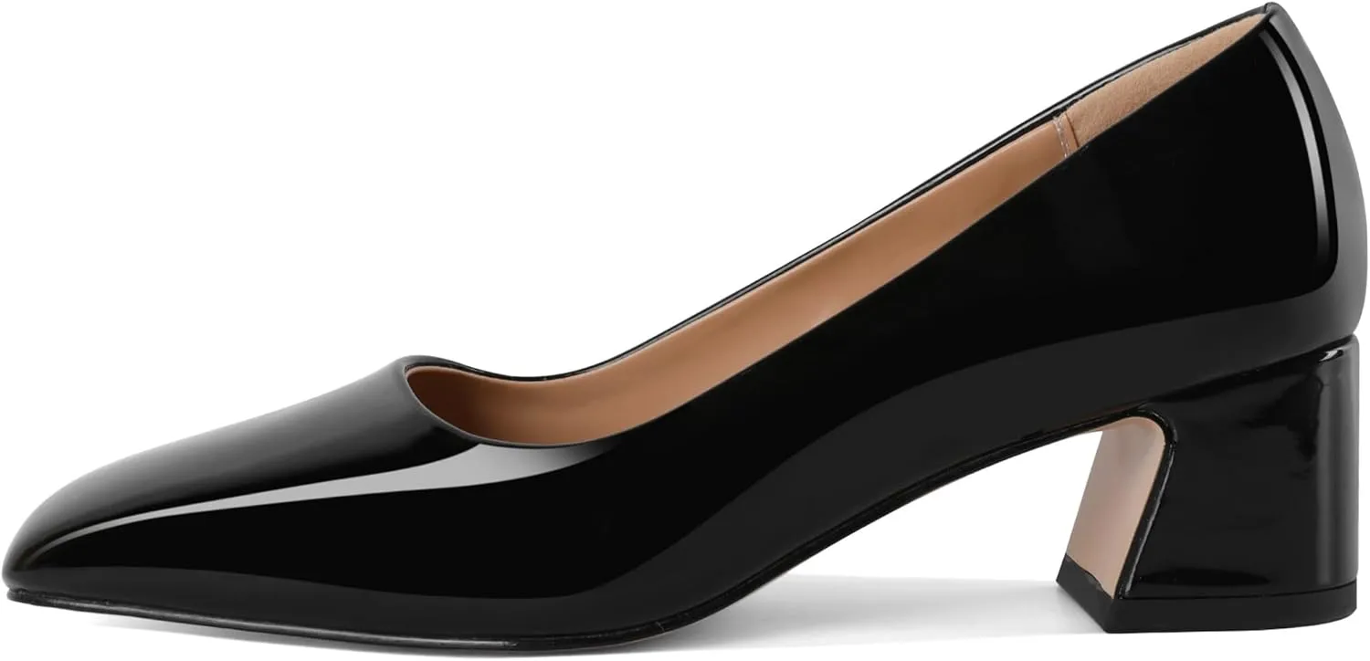 Soireelady Womens Chunky Block Heels Square Toe Low Heel Pumps Closed Toe Slip On Patent Classic Dress Shoes 2 Inches
