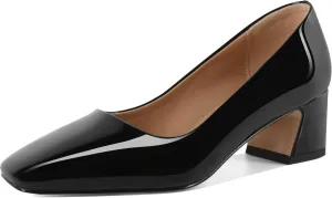 Soireelady Womens Chunky Block Heels Square Toe Low Heel Pumps Closed Toe Slip On Patent Classic Dress Shoes 2 Inches