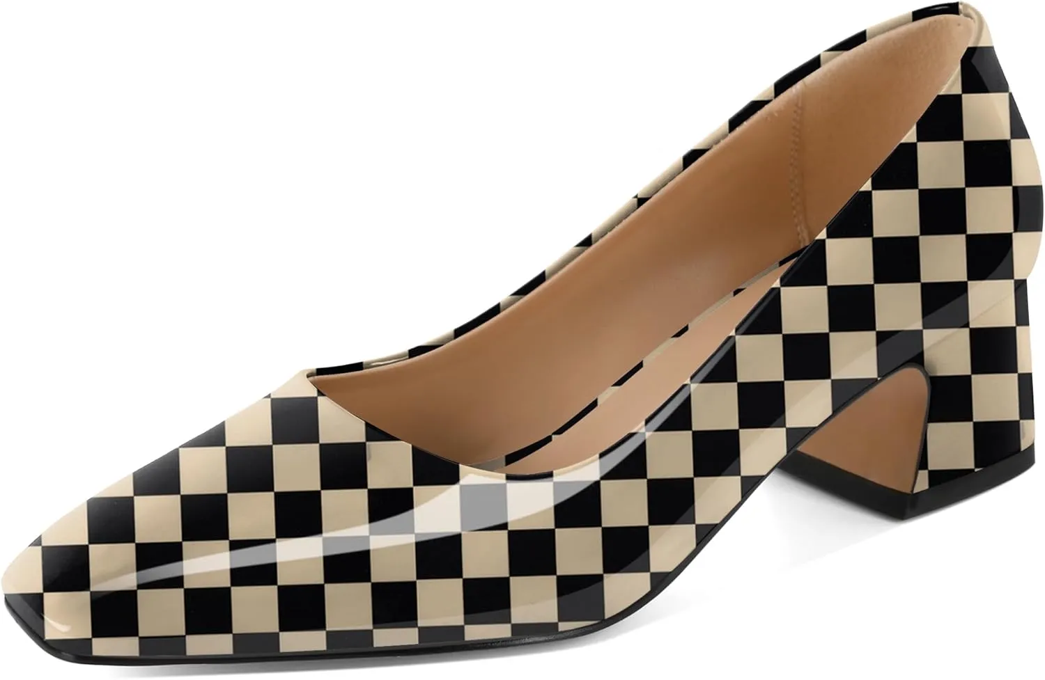 Soireelady Womens Chunky Block Heels Square Toe Low Heel Pumps Closed Toe Slip On Patent Classic Dress Shoes 2 Inches