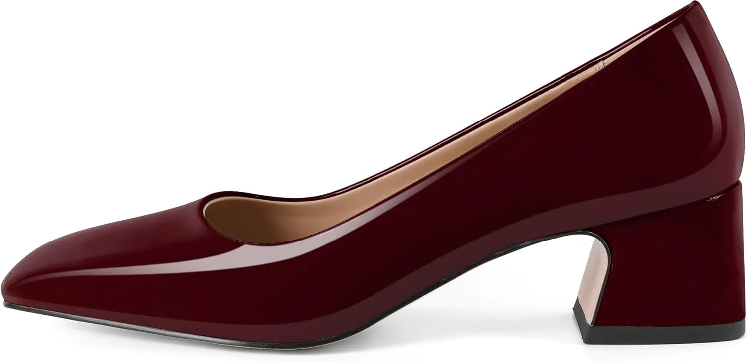 Soireelady Womens Chunky Block Heels Square Toe Low Heel Pumps Closed Toe Slip On Patent Classic Dress Shoes 2 Inches
