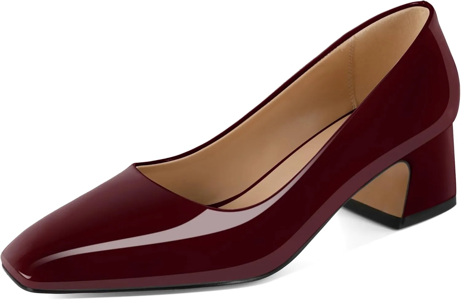 Soireelady Womens Chunky Block Heels Square Toe Low Heel Pumps Closed Toe Slip On Patent Classic Dress Shoes 2 Inches