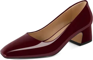 Soireelady Womens Chunky Block Heels Square Toe Low Heel Pumps Closed Toe Slip On Patent Classic Dress Shoes 2 Inches
