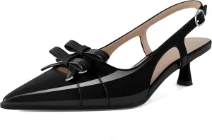 Soireelady Womens Slingback Kitten Heels Low Heel Pumps Pointed Toe Bow Heels Comfort Fashion Dress Shoes Patent Leather 2 Inches