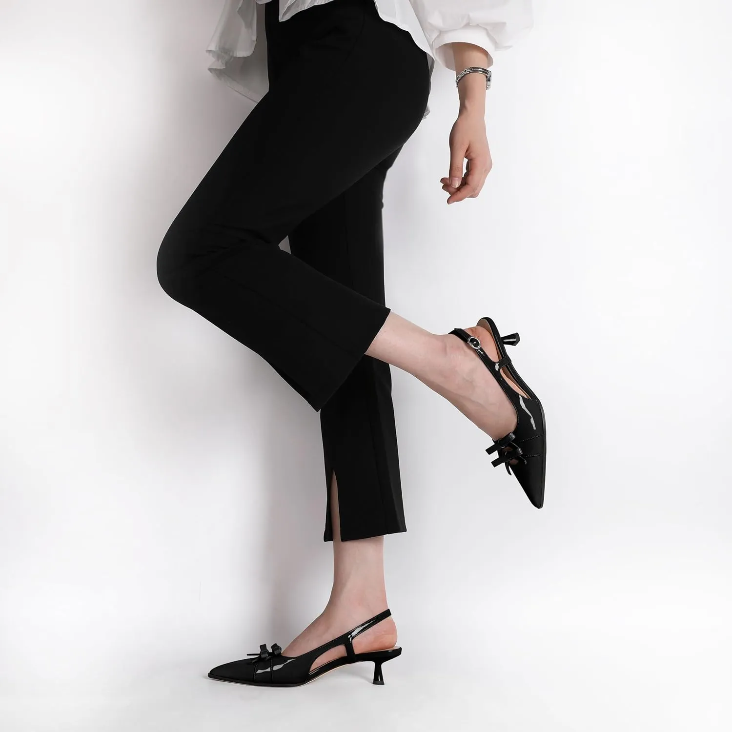 Soireelady Womens Slingback Kitten Heels Low Heel Pumps Pointed Toe Bow Heels Comfort Fashion Dress Shoes Patent Leather 2 Inches