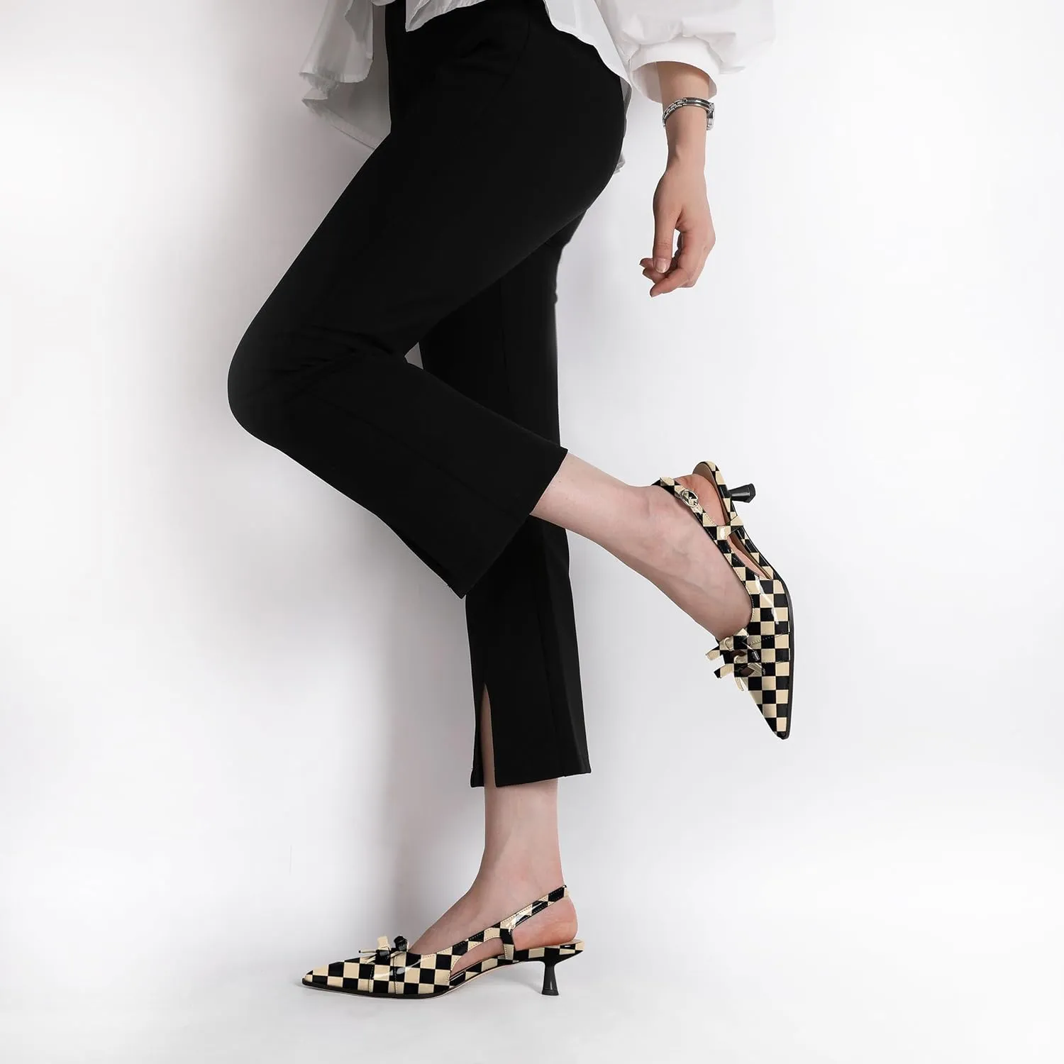 Soireelady Womens Slingback Kitten Heels Low Heel Pumps Pointed Toe Bow Heels Comfort Fashion Dress Shoes Patent Leather 2 Inches