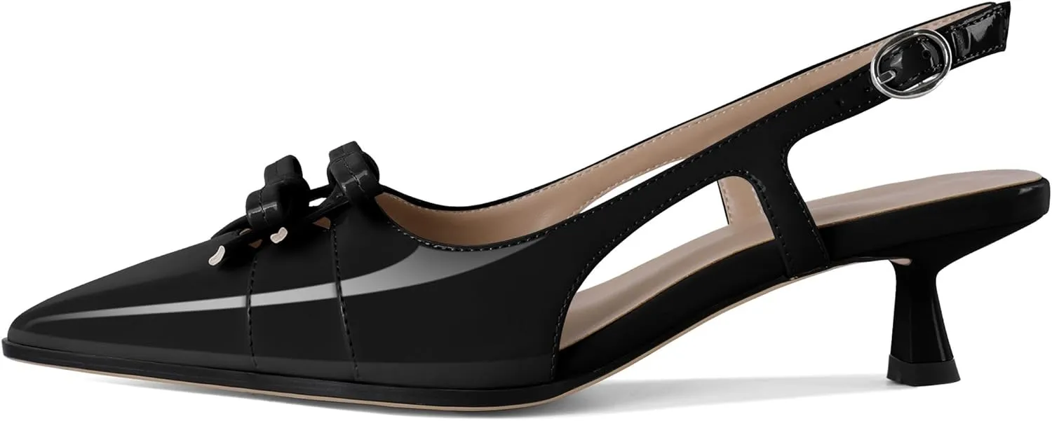 Soireelady Womens Slingback Kitten Heels Low Heel Pumps Pointed Toe Bow Heels Comfort Fashion Dress Shoes Patent Leather 2 Inches