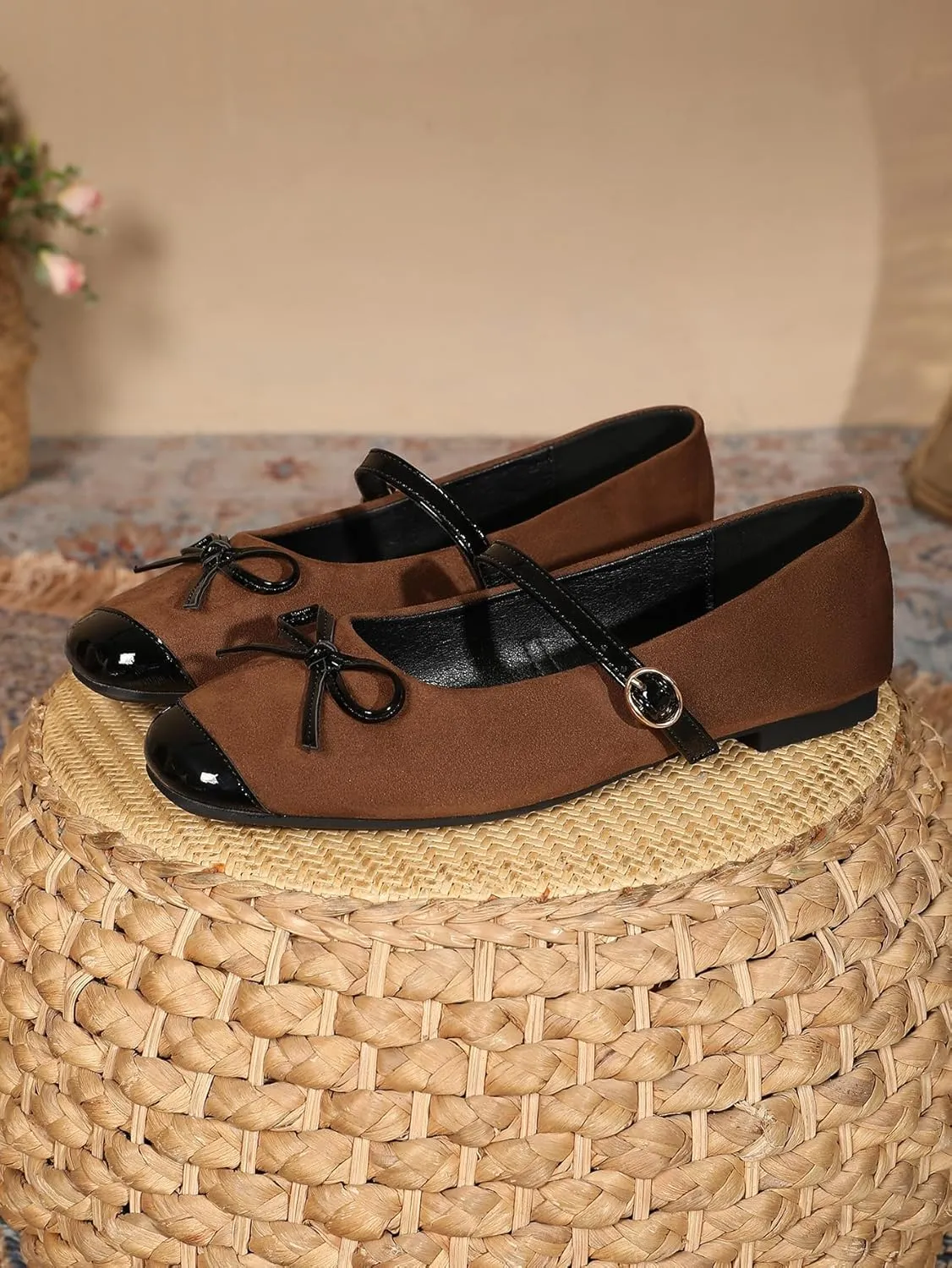 Square Cap Toe Suede Flat Mary Janes for Women Slip On Flats Shoes with Bow Women's Luxurious Dress Mary Jane Ballet Flat with Strap Buckle