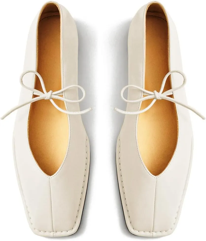 Square Toe Ballet Flats for Women Lace Up Blanket Stitch Sole Sewing Shoes Comfortable Casual Mary Jane Ballerina Flats