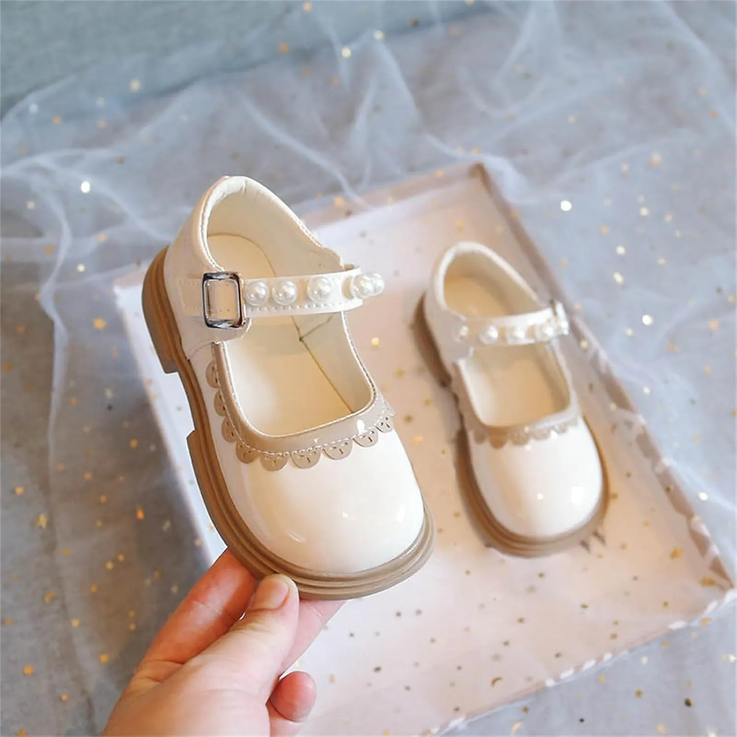 Toddler Baby Mary Jane Shoes Girls Flower Dress Shoes Wedding Party School Softy Ankle Pearl Strap Ballet Flats