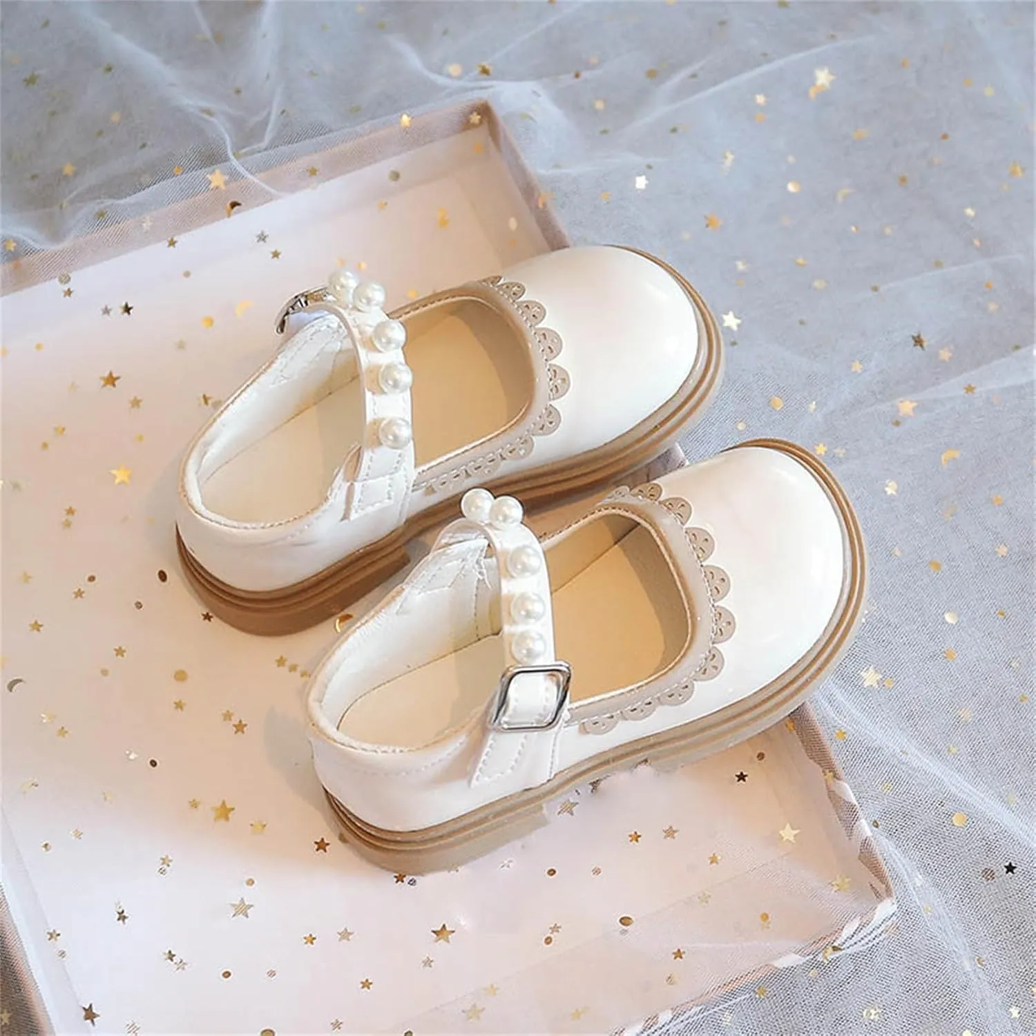 Toddler Baby Mary Jane Shoes Girls Flower Dress Shoes Wedding Party School Softy Ankle Pearl Strap Ballet Flats
