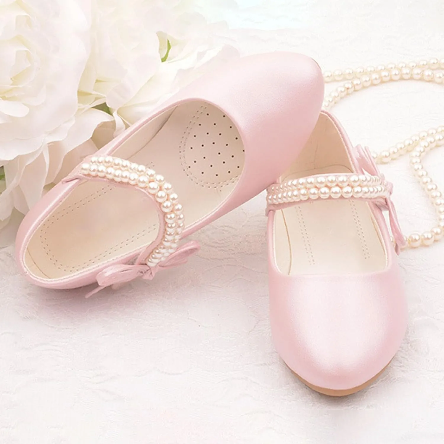 Toddler Flower Girl Dress Shoes Little Girl Ballet Flats Pearl Strap Girls Dress Shoes for Wedding Party