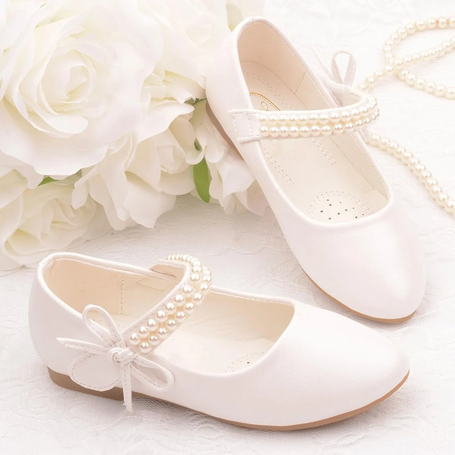Toddler Flower Girl Dress Shoes Little Girl Ballet Flats Pearl Strap Girls Dress Shoes for Wedding Party