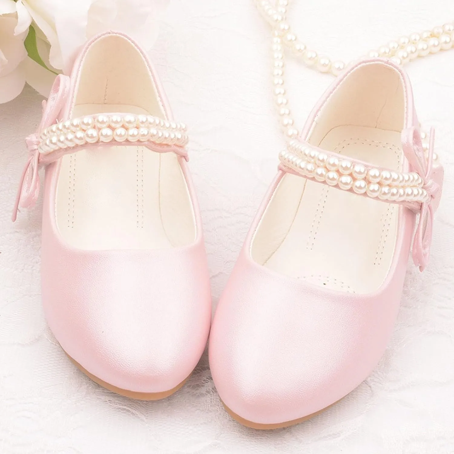 Toddler Flower Girl Dress Shoes Little Girl Ballet Flats Pearl Strap Girls Dress Shoes for Wedding Party