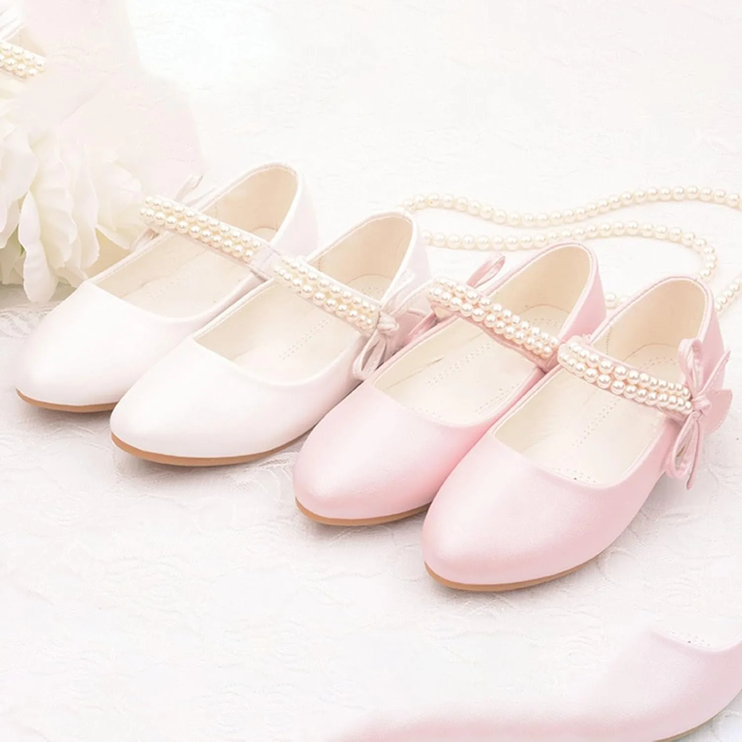Toddler Flower Girl Dress Shoes Little Girl Ballet Flats Pearl Strap Girls Dress Shoes for Wedding Party