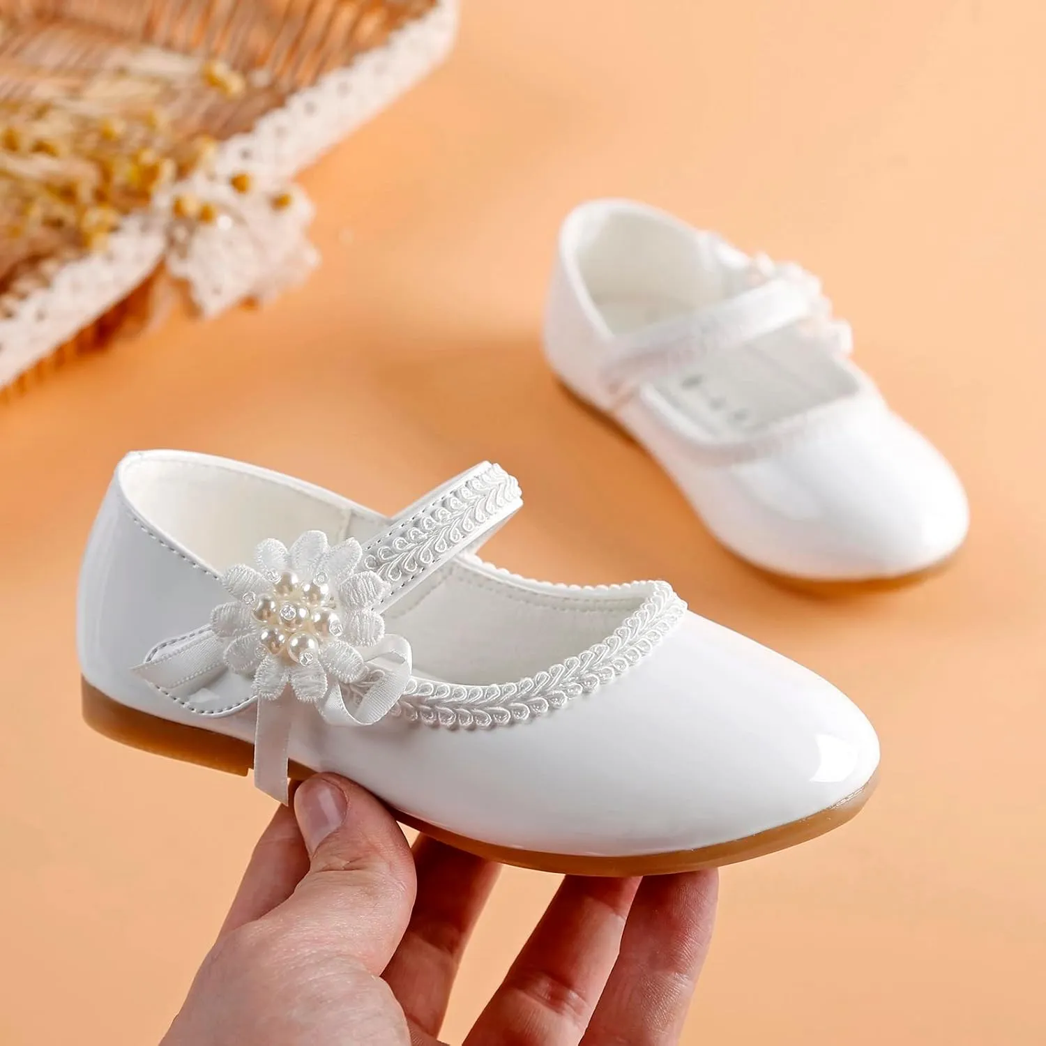 Toddler Girls Dress Shoes Toddler Kid Mary Jane with Pearls Low Heels Pumps for Flower Girl Wedding Party
