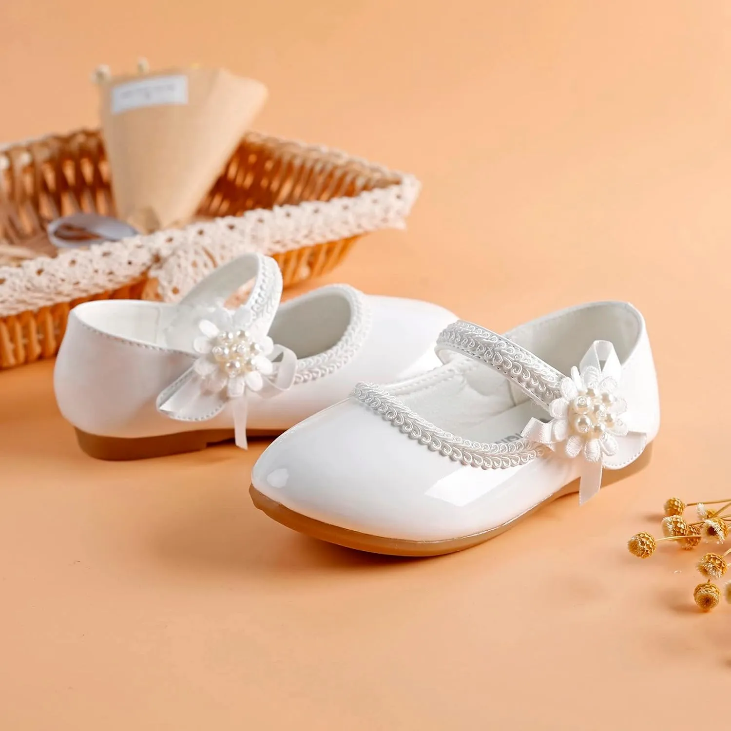 Toddler Girls Dress Shoes Toddler Kid Mary Jane with Pearls Low Heels Pumps for Flower Girl Wedding Party