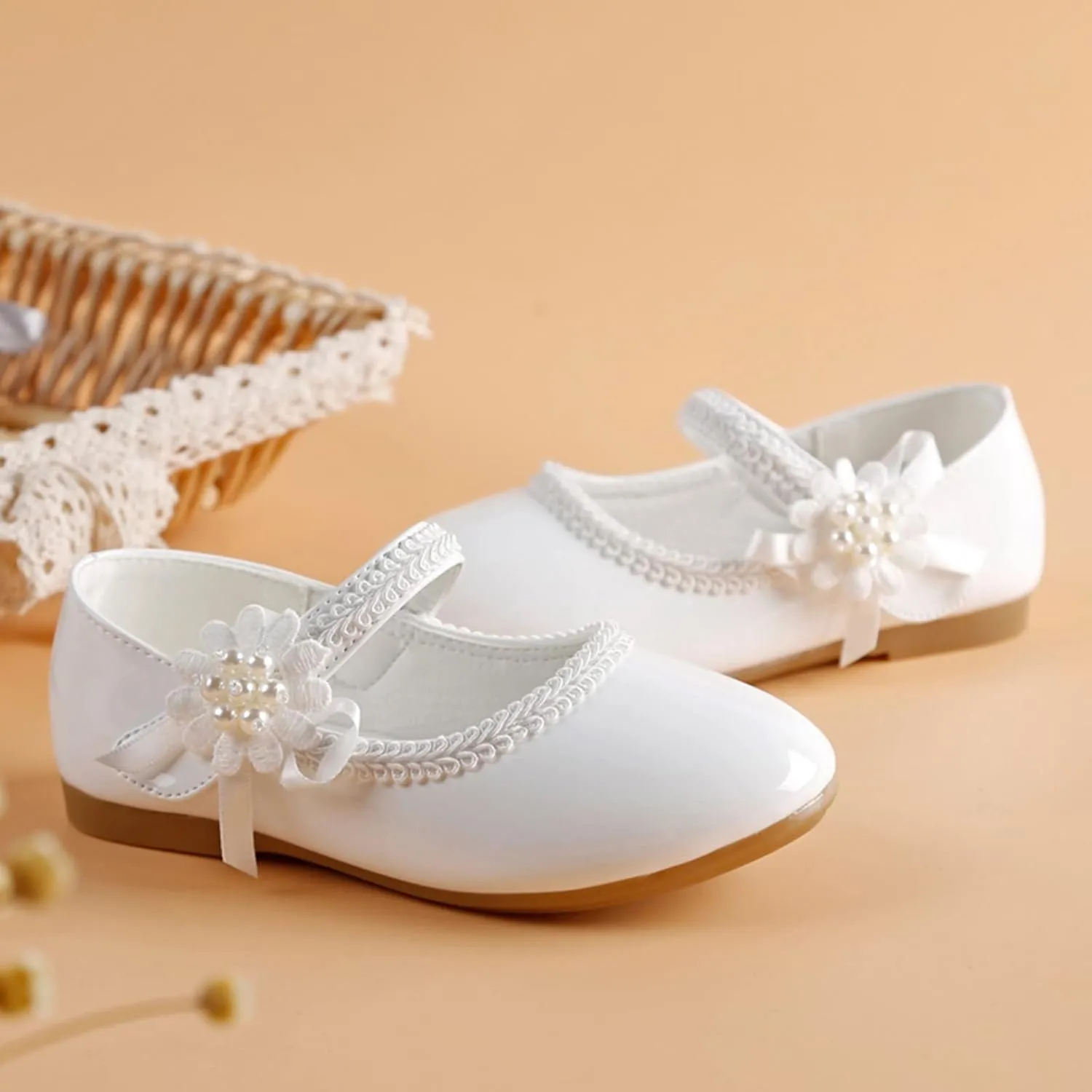 Toddler Girls Dress Shoes Toddler Kid Mary Jane with Pearls Low Heels Pumps for Flower Girl Wedding Party
