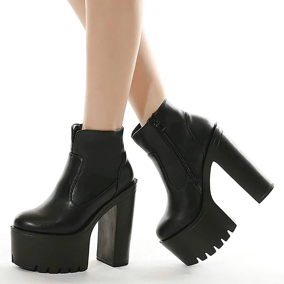 Trendenzy Womens Goth Platform Ankle Boots Chunky High Heel Round Toe Booties